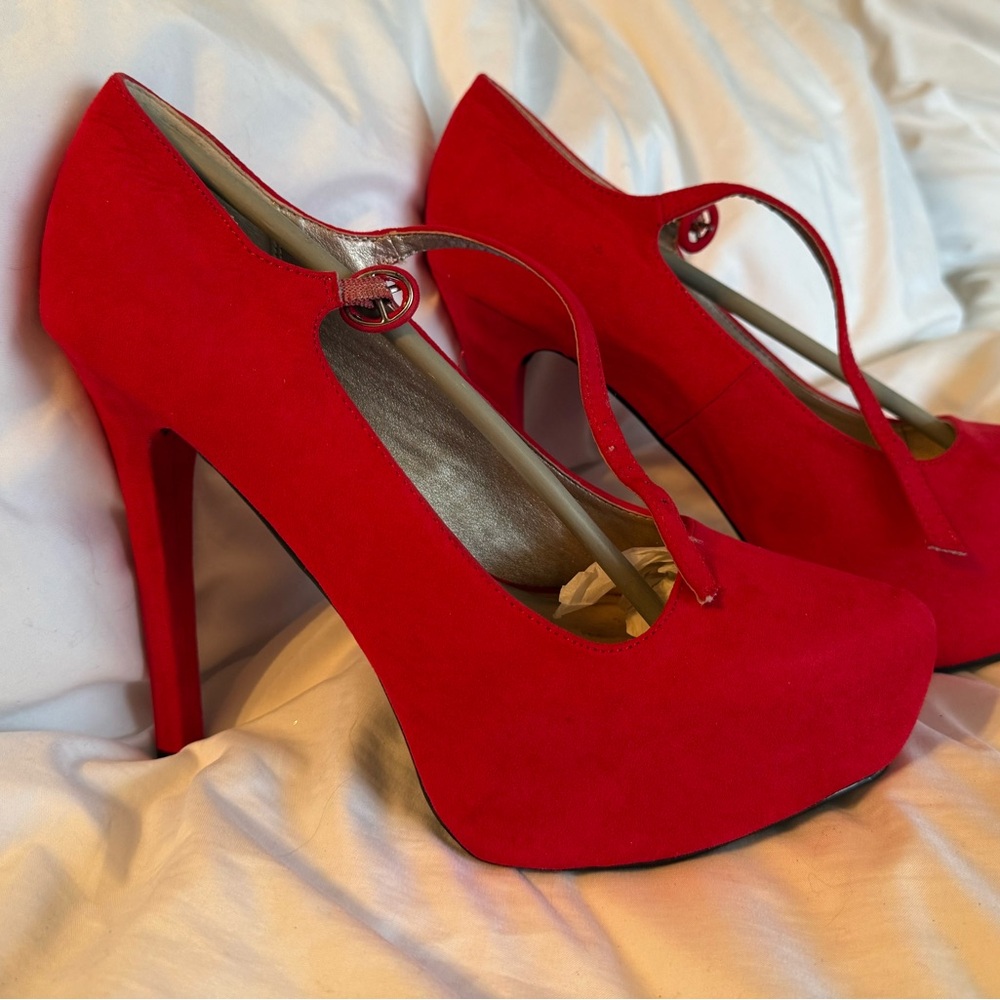 Vibrant Red Platform Heels with Ankle Strap